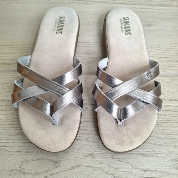 GH Bass Co Sunjuns Sharon Silver Leather Strappy Flat Sandals Thong Size 6.5 - Picture 3 of 8